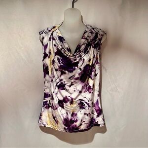 Purple and Yellow Floral Photo Print Women's Drape Neck Short Sleeve Blouse Top